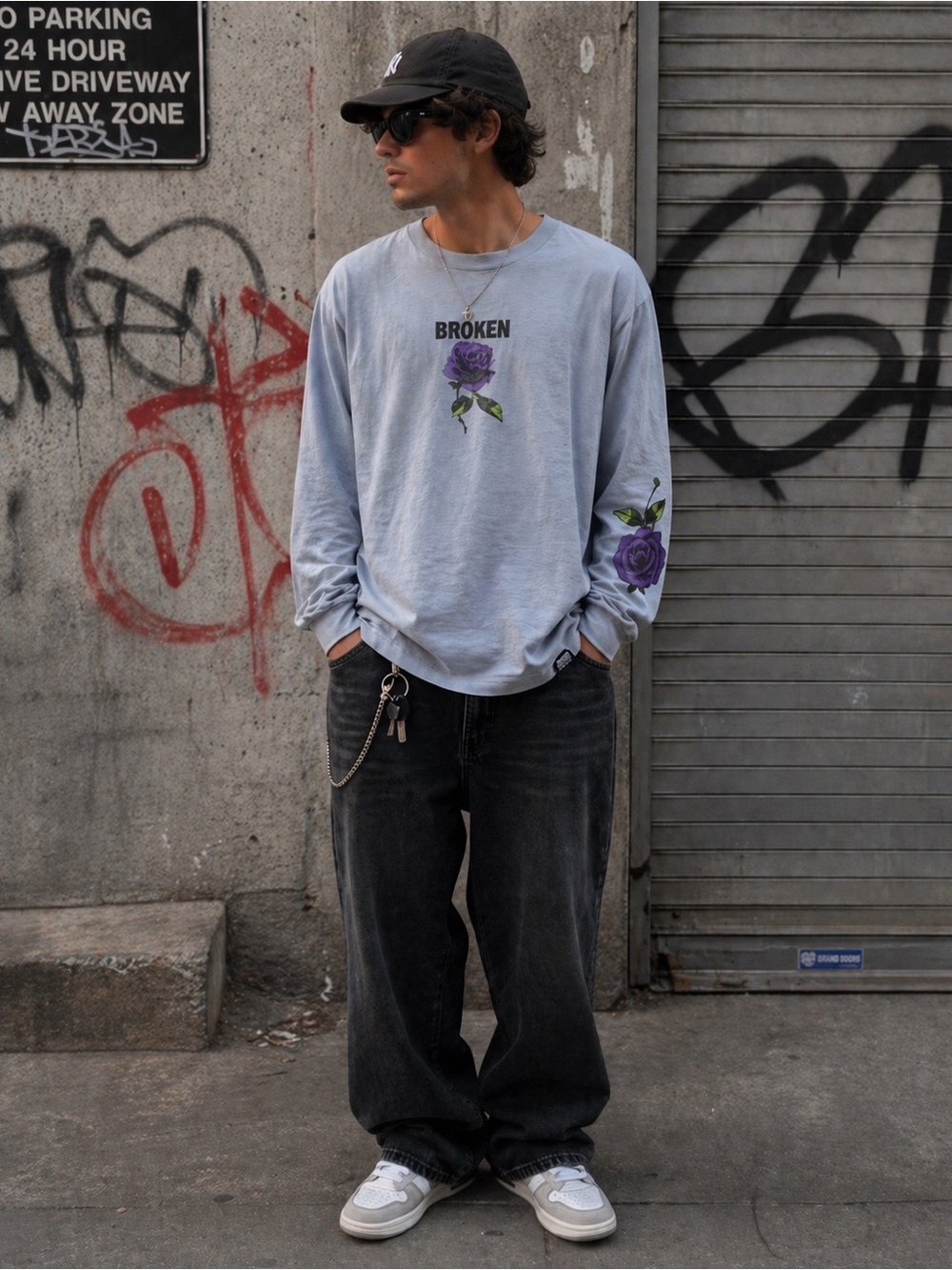 Broken Promises Thornless Rose Graphic Long Sleeve Tee Light Blue Streetwear L